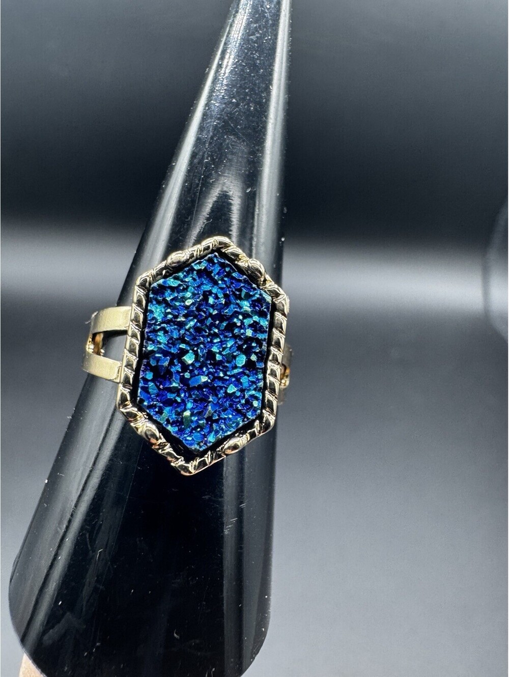 Adjustable Gold Tone Blue Druzy Style Ring Geometric Boho Statement Ring New